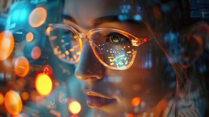 Women in glasses reading html scripts, programming and cyber security research, plus data analytics and holograms of data. A coding or IT person in glasses is reading html scripts, programming