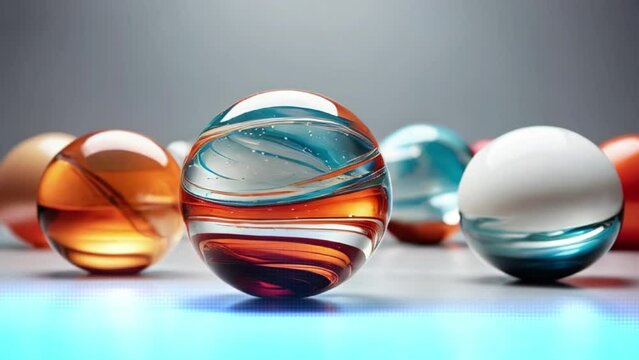3d illustration of a collection of glass marbles of various sizes and colors lying on a reflective surface. Swirls of white, orange, blue, and brown create intricate patterns within the marble. Blurre