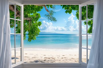 Opened window seeing tropical beach view in summer holiday at weekend house and resort. Summer holiday vacation



