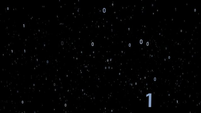 Loop digital computer binary numbers flying towards camera. Slow motion. 