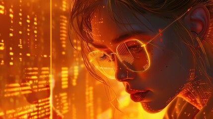 Women in glasses reading html scripts, programming and cyber security research, plus data analytics and holograms of data. A coding or IT person in glasses is reading html scripts, programming