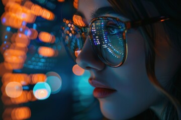 Women in glasses reading html scripts, programming and cyber security research, plus data analytics and holograms of data. A coding or IT person in glasses is reading html scripts, programming
