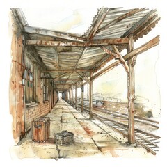 Fototapeta premium Watercolor painting of an abandoned, dusty train station platform, with rusty tracks disappearing into the distance and forgotten luggage covered, Generative AI
