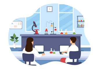 Vector Illustration of a Laboratory Conducting Scientific Research, Experimentation, and Measurement in a Flat Cartoon Style Background