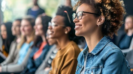 A diverse group of people attend a job training program, highlighting opportunities for skill development and re-employment.