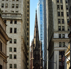 The Trinity Church amidst Modern Skyscrapers in Lower Manhattan, New York City