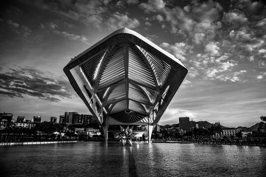 Front View of Museu do Amanh&atilde; (Museum of Tomorrow) in Monochrome - Pra&ccedil;a Mau&aacute;, Rio de Janeiro, Brazil