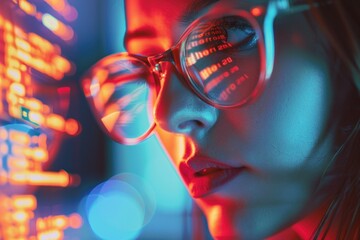 Women in glasses reading html scripts, programming and cyber security research, plus data analytics and holograms of data. A coding or IT person in glasses is reading html scripts, programming