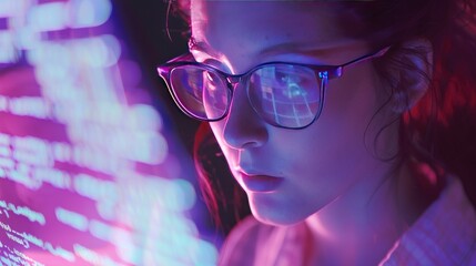 Women in glasses reading html scripts, programming and cyber security research, plus data analytics and holograms of data. A coding or IT person in glasses is reading html scripts, programming