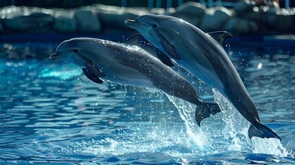 Dolphins Jumping High in Blue Seawater at Aquatic Theme Park