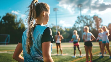dynamic photo of high school girls getting ready to play flag football in matching uniforms