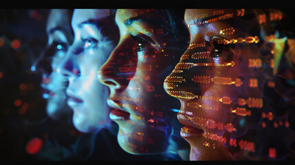 Faces with projections of genomic sequences reflecting individual genetic information. close-up, dark background. dna, analysis, research.
