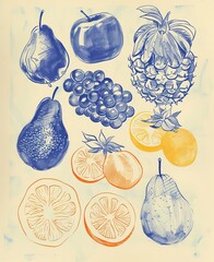 Vintage-style illustration of assorted fruits including pear, apple, pineapple, grapes, and citrus slices in blue and orange hues.