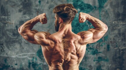 A man turns slightly to the side, flexing both his back and bicep muscles, radiating confidence and dedication.