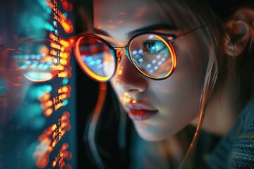 Women in glasses reading html scripts, programming and cyber security research, plus data analytics and holograms of data. A coding or IT person in glasses is reading html scripts, programming