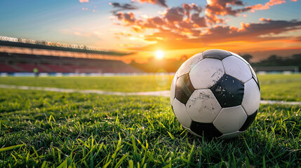 Soccer ball on the field of stadium with sunset light background, close up