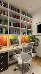 Modern and Minimalistic Study Room Features a Large Bookshelf