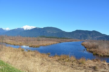 Nature preserve with grasslands, a river, and snowy mountain