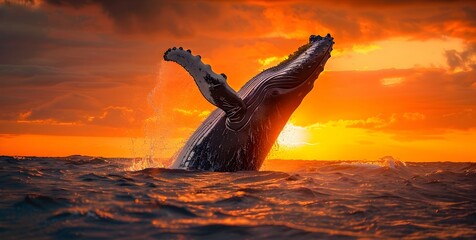 Majestic Humpback Whale Breaching the Ocean Surface at Dramatic Sunset