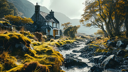 Contemporary Great Natural Scenery Of Small Cabin At A Running River Surrounded By Green Mountain Landscape Background - Powered by Adobe