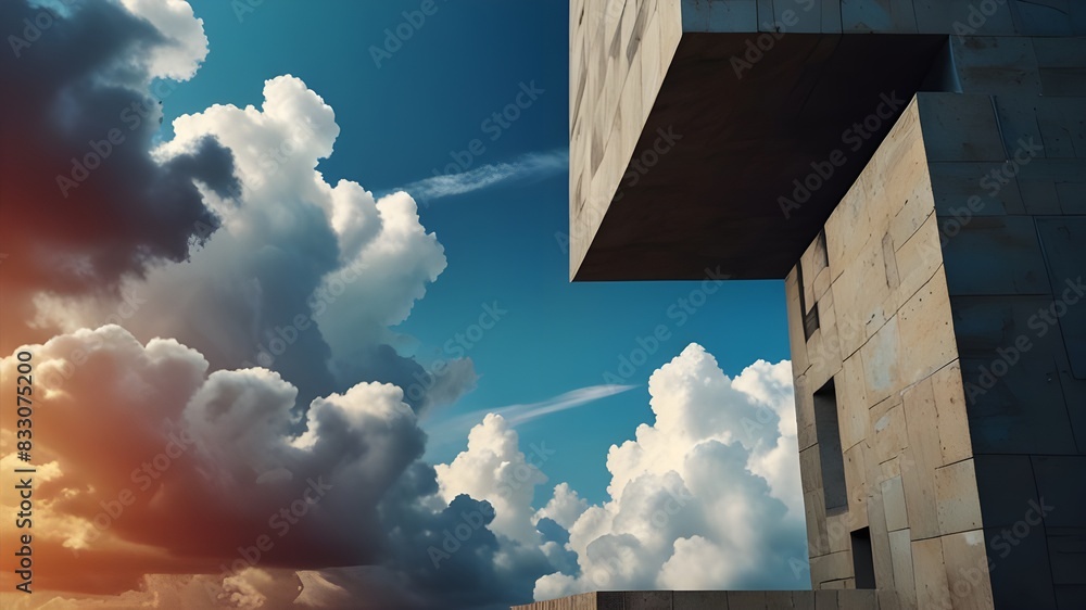 Poster abstract cubist geometry with sky and clouds as wallpaper generative ai