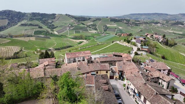 Amazing aerial view of the village of Serralunga d'Alba, one of the Most Beautiful Villages of Italy. Cuneo, Italy