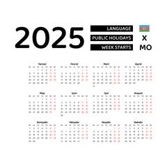 Azerbaijan Calendar 2025. Week starts from Monday. Vector graphic design. Azerbaijani language.