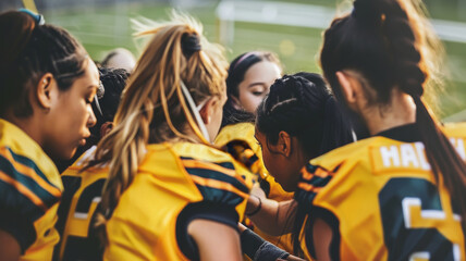 dynamic photo of high school girls getting ready to play flag football in matching uniforms