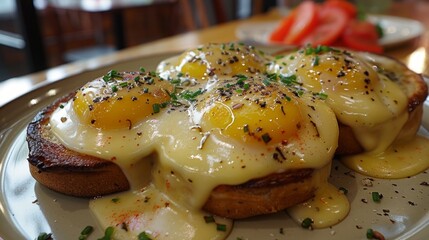 Image description: A delicious breakfast of eggs Benedict with a side of tomatoes. The perfect way to start your day!