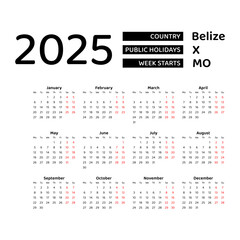 Belize Calendar 2025. Week starts from Monday. Vector graphic design. English language.