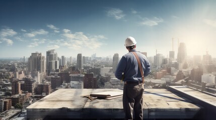 Fototapeta premium young engineer, clipboard in hand, scribbling notes as he surveys the progress of a construction project from a rooftop vantage point, the cityscape stretching out behind him.