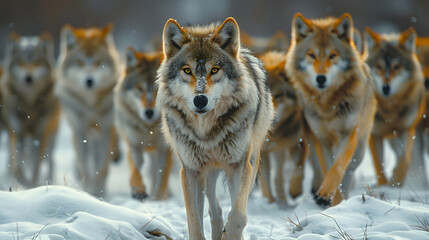 Obraz premium A vibrant nature tundra landscape with a pack of wolves moving across the snow-covered terrain, the scene captured with a tilt-shift lens