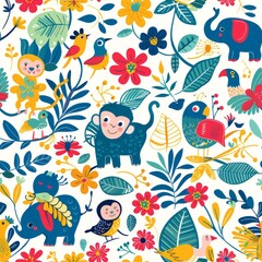 seamless jungle pattern with monkeys, parrots, and elephants
