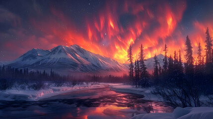 A vibrant nature tundra landscape with the northern lights dancing in the sky above