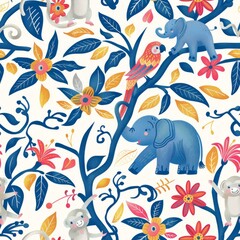 Obraz premium seamless jungle pattern with monkeys, parrots, and elephants