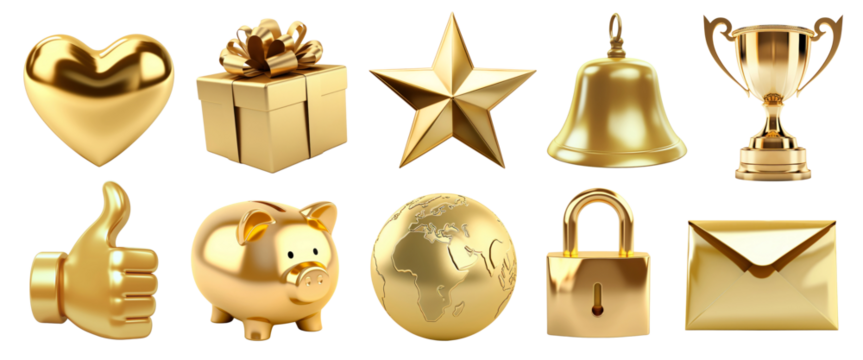 3D gold social media icon png on transparent background