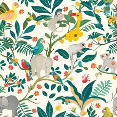 Naklejka premium seamless jungle pattern with monkeys, parrots, and elephants