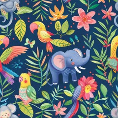 Naklejka premium seamless jungle pattern with monkeys, parrots, and elephants