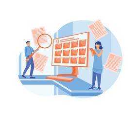 People save files in file managers. Employees search and index file documents. Storage concept. Flat vector illustration.