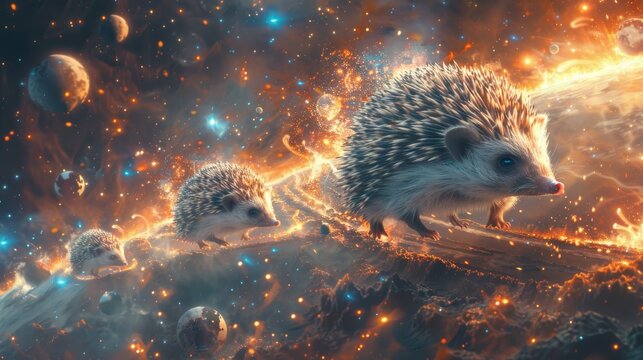 A fantastical scene of hedgehogs traveling through outer space, surrounded by planets and stars, with cosmic colors.
