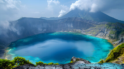A vibrant nature volcano landscape with a clear view of the crater and the surrounding landscape