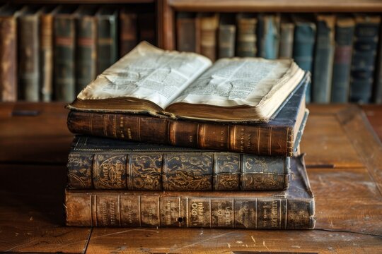 A stack of antique books with worn leather covers on a wooden table, set against a backdrop of a vintage bookshelf.
