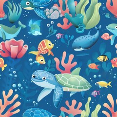 seamless underwater pattern coral with fish, turtles, and dolphins