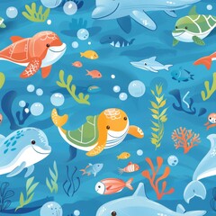 Fototapeta premium seamless underwater pattern coral with fish, turtles, and dolphins
