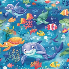 seamless underwater pattern coral with fish, turtles, and dolphins