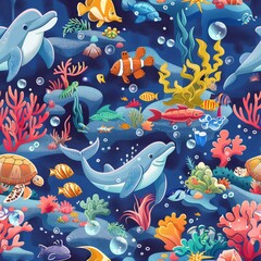 seamless underwater pattern coral with fish, turtles, and dolphins