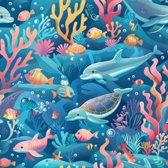 Fototapeta premium seamless underwater pattern coral with fish, turtles, and dolphins