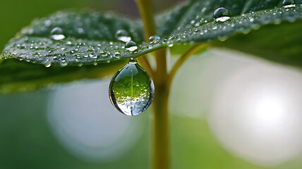 A beautiful large drop of dew or water drop on a leaf in the morning light. Water drop in nature closeup macro photography style
