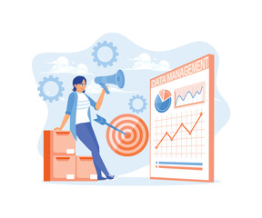 Female workers analyze and manage data. Using a megaphone to promote the company. Data Management concept. Flat vector illustration.