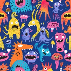 seamless imaginary friends pattern with monsters and aliens